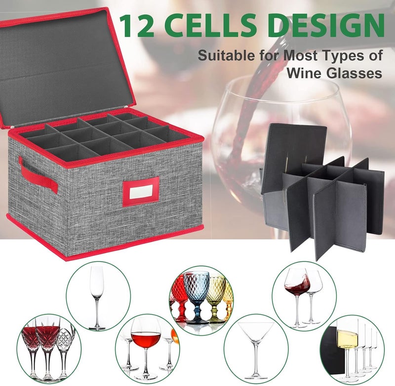 VERONLY Wine Glass Storage Box with Dividers, Stemware Storage Case Hard Shell Stackable for Up to 12 Glasses, Crystal Glassware Containers for Holidays (Grey and Red) - Image 3